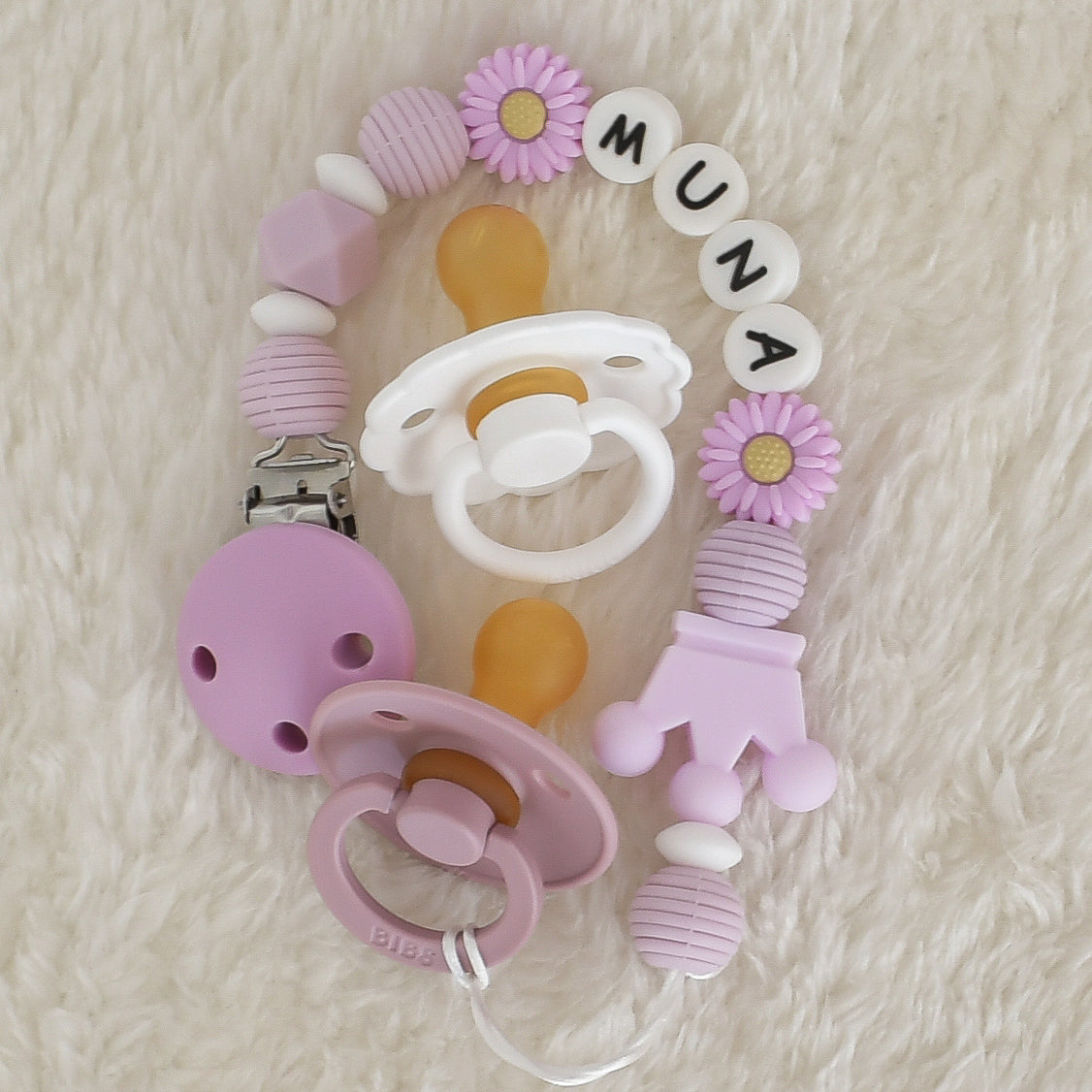 Fashion teething dummy clips personalised