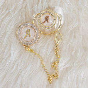 Baby Initial Crystal Glam Pacifier & Clip Set - Tianoor