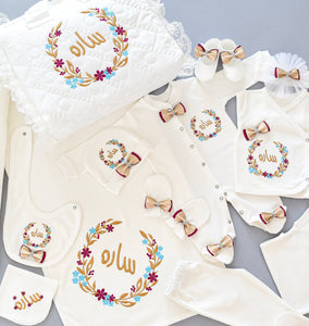 Personalised Baby Coming Home Flower Frame Embroidered Set - Tianoor
