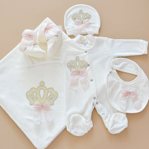 5 Piece White Velvet Newborn Baby Girl Set - Tianoor